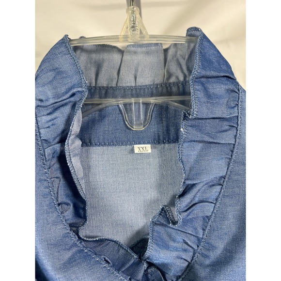 Denim Blue Ruffled Collar Long Sleeve Button Up Shirt Top XXL - Picture 2 of 3